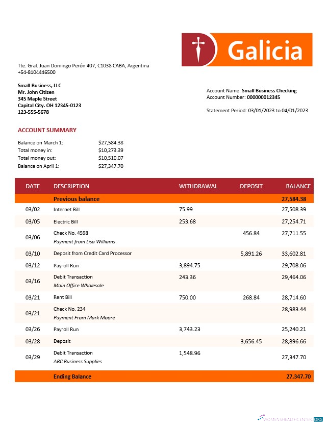 Download Banco Galicia company account statement Word and PDF template Photoshop template
